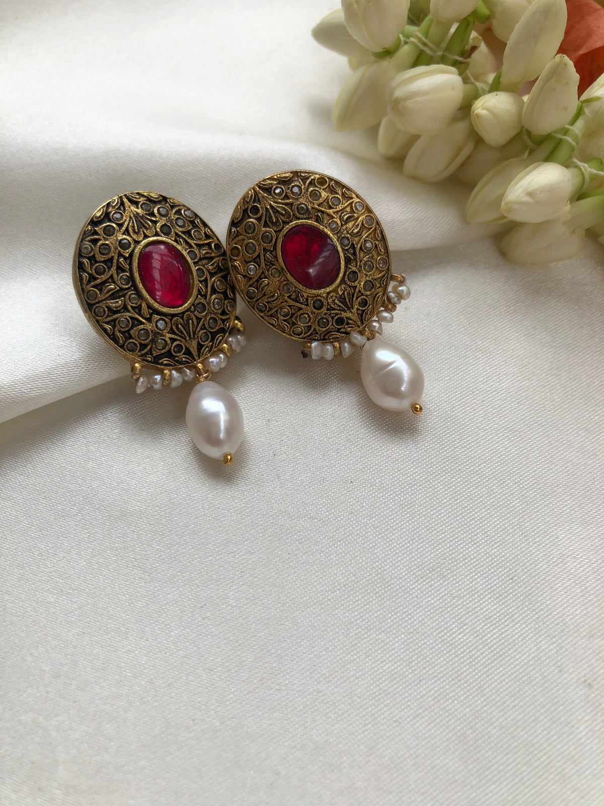 Kundan earrings with pearl drops-Earrings-PL-House of Taamara