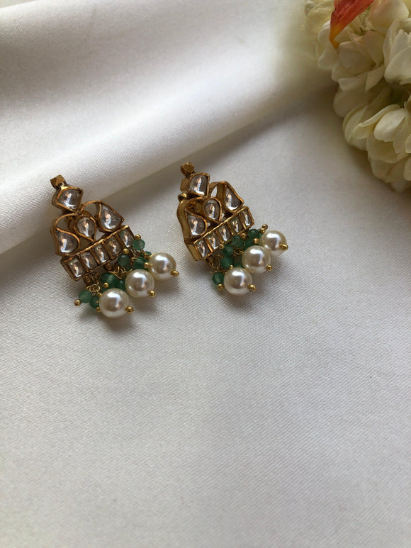 Kundan earrings with pearls and green beads-Earrings-PL-House of Taamara