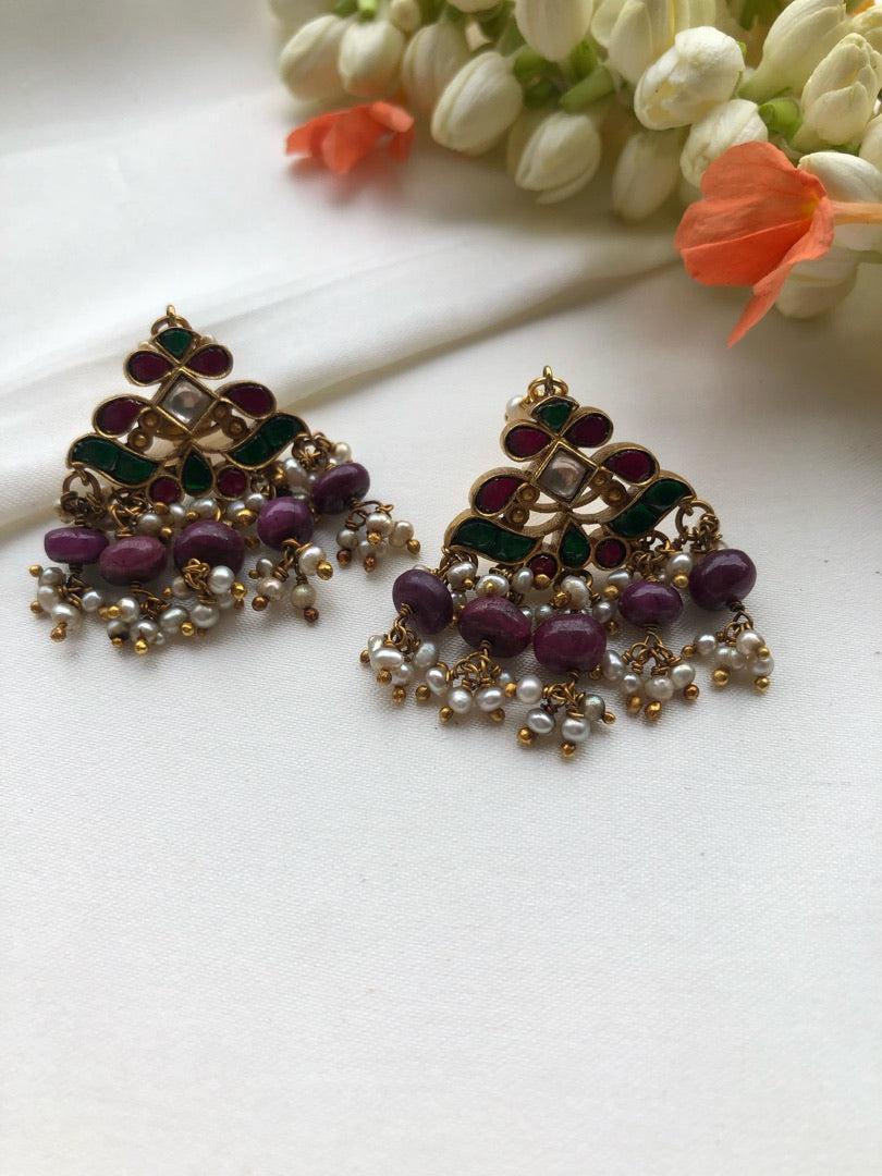 Kundan earrings with pink tourmaline beads-Earrings-PL-House of Taamara