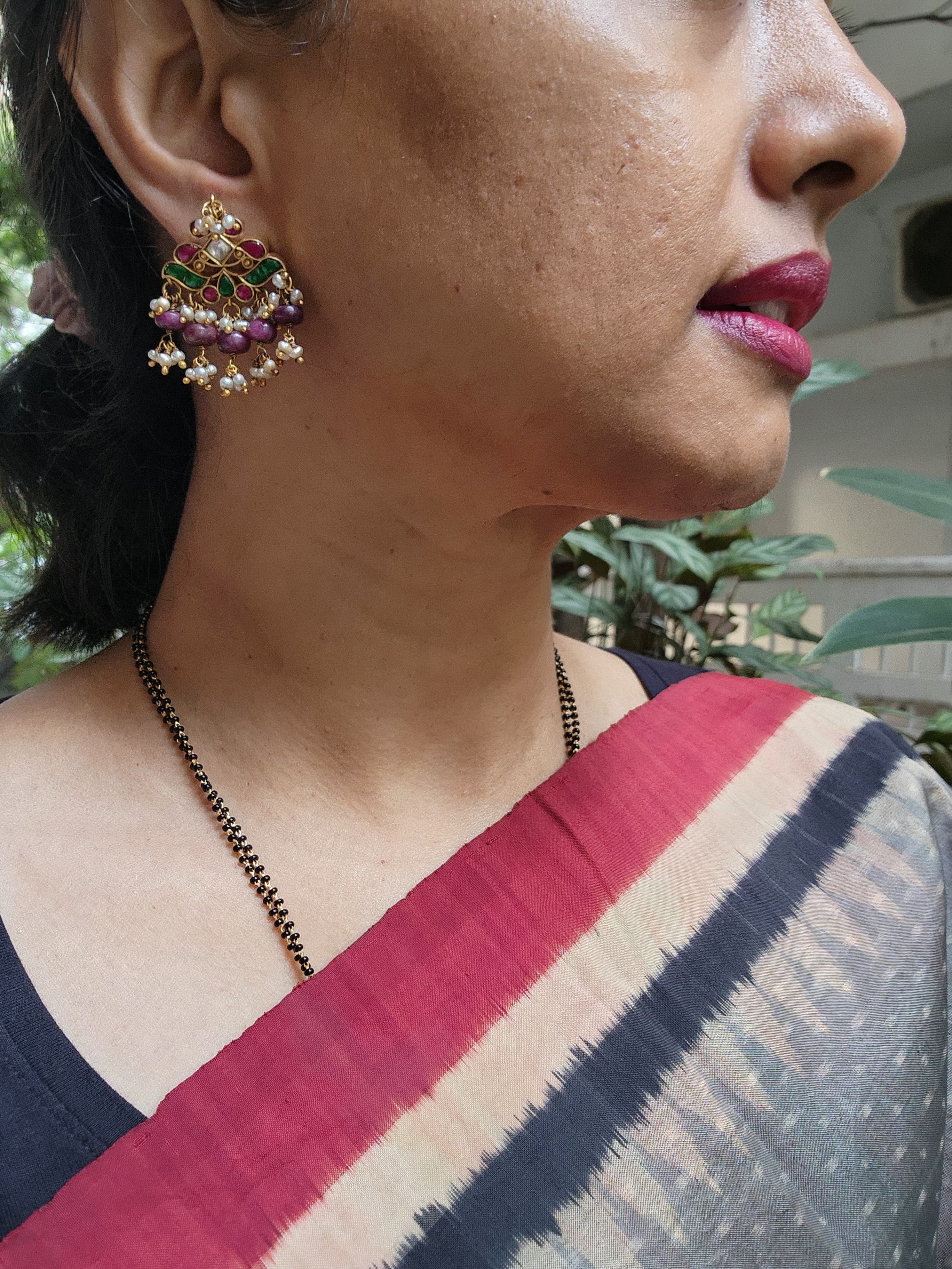 Kundan earrings with pink tourmaline beads-Earrings-PL-House of Taamara