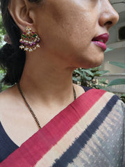 Kundan earrings with pink tourmaline beads-Earrings-PL-House of Taamara