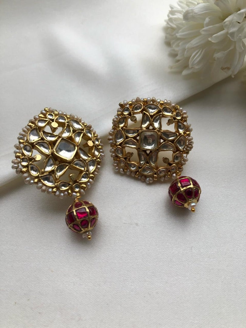 Kundan earrings with ruby kundan bead-Earrings-PL-House of Taamara