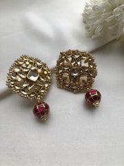 Kundan earrings with ruby kundan bead-Earrings-PL-House of Taamara