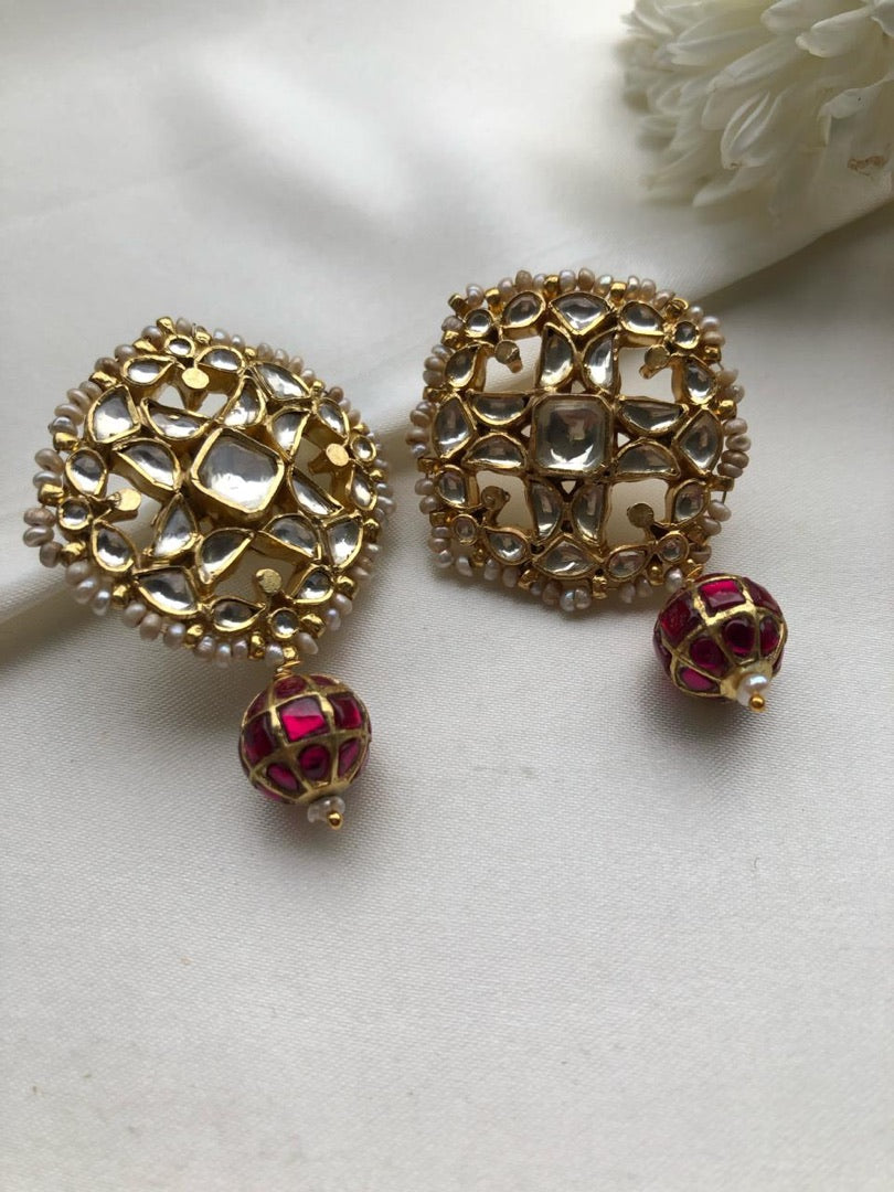 Kundan earrings with ruby kundan bead-Earrings-PL-House of Taamara