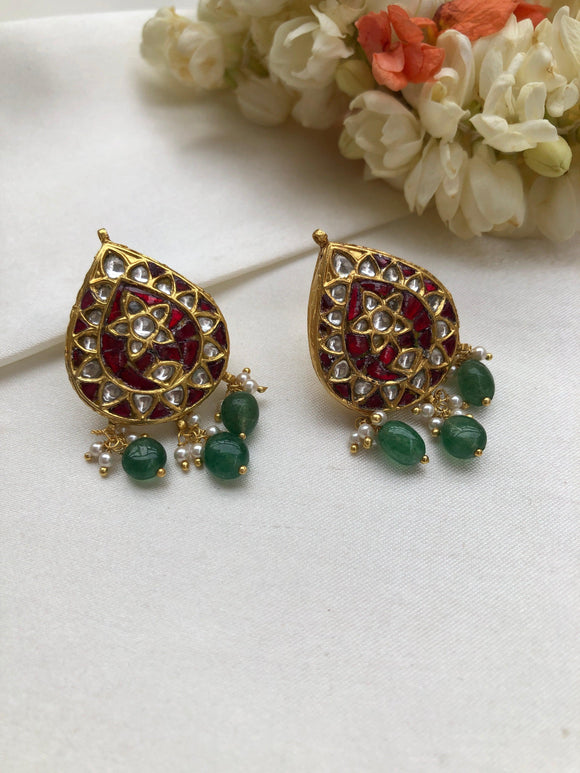 Kundan earrings with ruby pearls antique style and green bead drop-Earrings-PL-House of Taamara