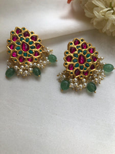 Kundan earrings with ruby, turquoise & green beads with pearls-Earrings-PL-House of Taamara