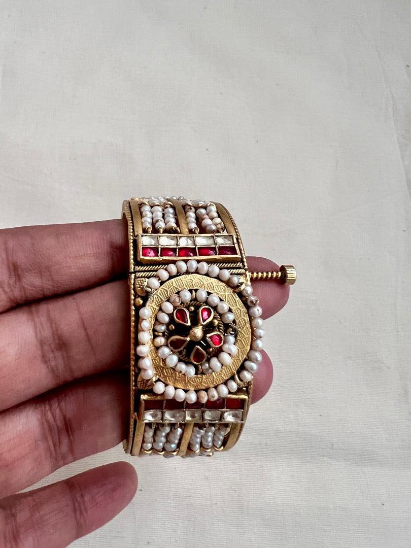 Kundan, emerald and ruby with stringed pearls bangle-Silver Bracelet-CI-House of Taamara