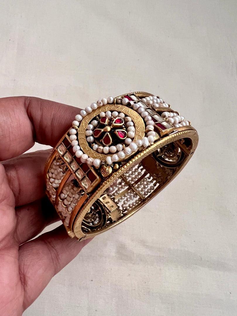 Kundan, emerald and ruby with stringed pearls bangle-Silver Bracelet-CI-House of Taamara