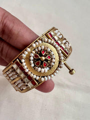 Kundan, emerald and ruby with stringed pearls bangle-Silver Bracelet-CI-House of Taamara