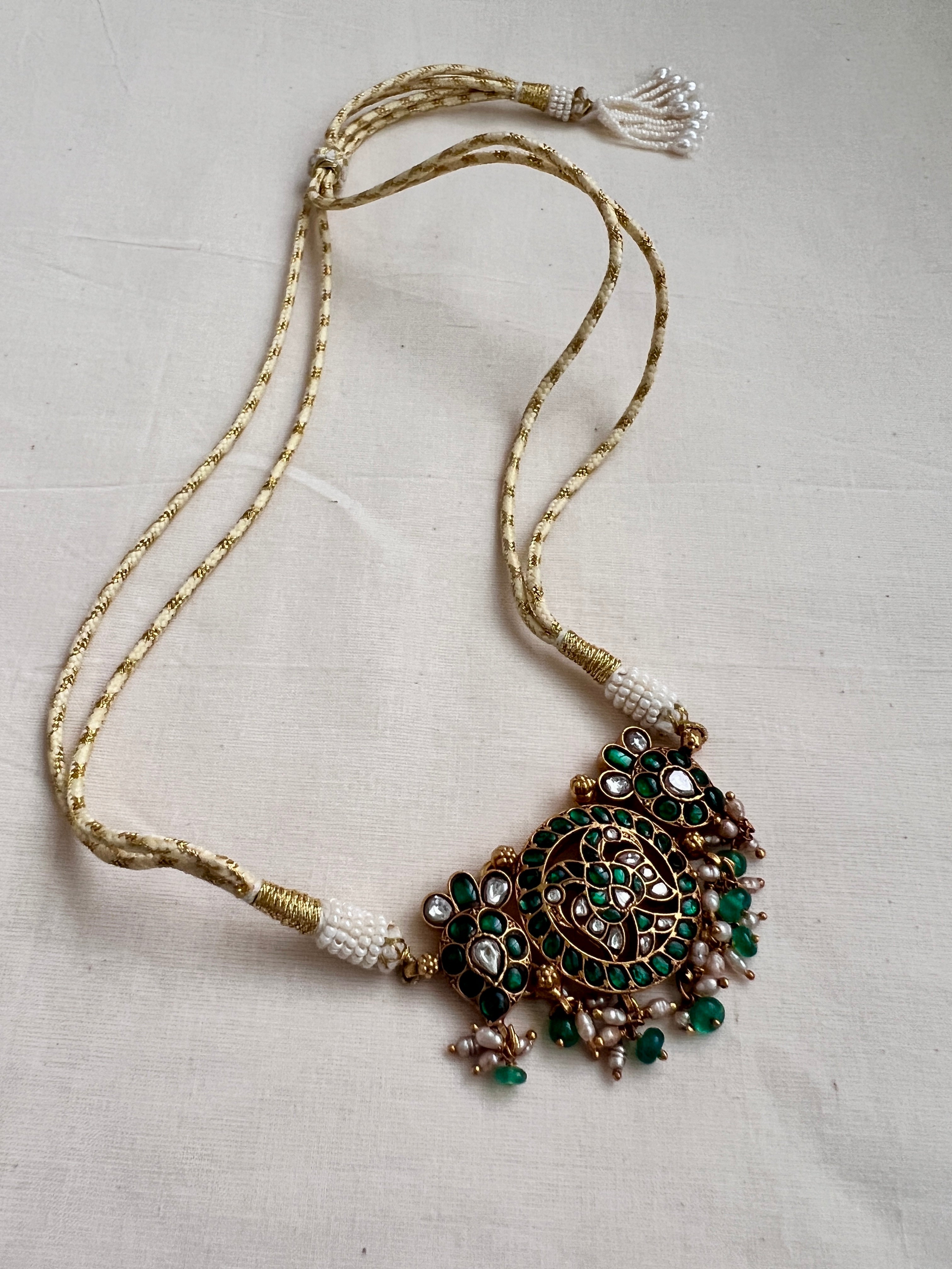 Kundan & emerald choker with pearls & green onyx beads-Silver Neckpiece-CI-House of Taamara