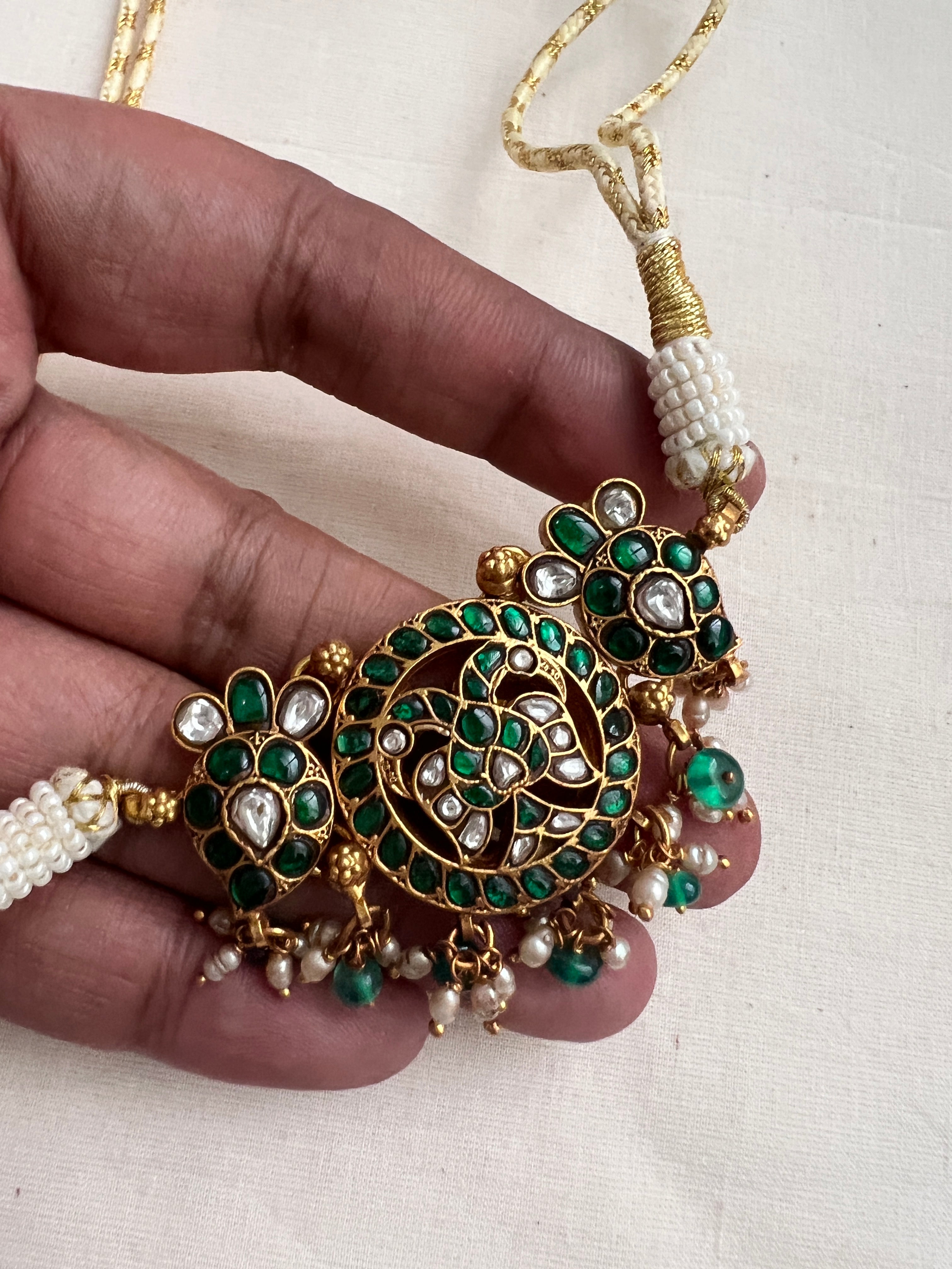 Kundan & emerald choker with pearls & green onyx beads-Silver Neckpiece-CI-House of Taamara