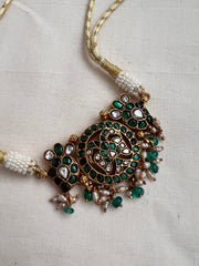 Kundan & emerald choker with pearls & green onyx beads-Silver Neckpiece-CI-House of Taamara