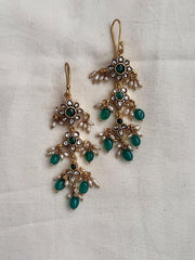 Kundan & emerald hangings with pearls and green onyx beads-Earrings-CI-House of Taamara