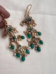 Kundan & emerald hangings with pearls and green onyx beads-Earrings-CI-House of Taamara