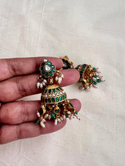 Kundan & emerald jhumkas with pearls and green onyx beads-Earrings-CI-House of Taamara