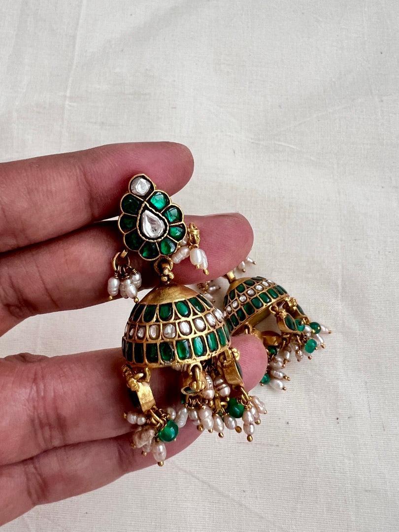 Kundan & emerald jhumkas with pearls and green onyx beads-Earrings-CI-House of Taamara
