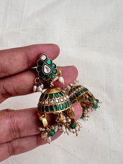 Kundan & emerald jhumkas with pearls and green onyx beads-Earrings-CI-House of Taamara