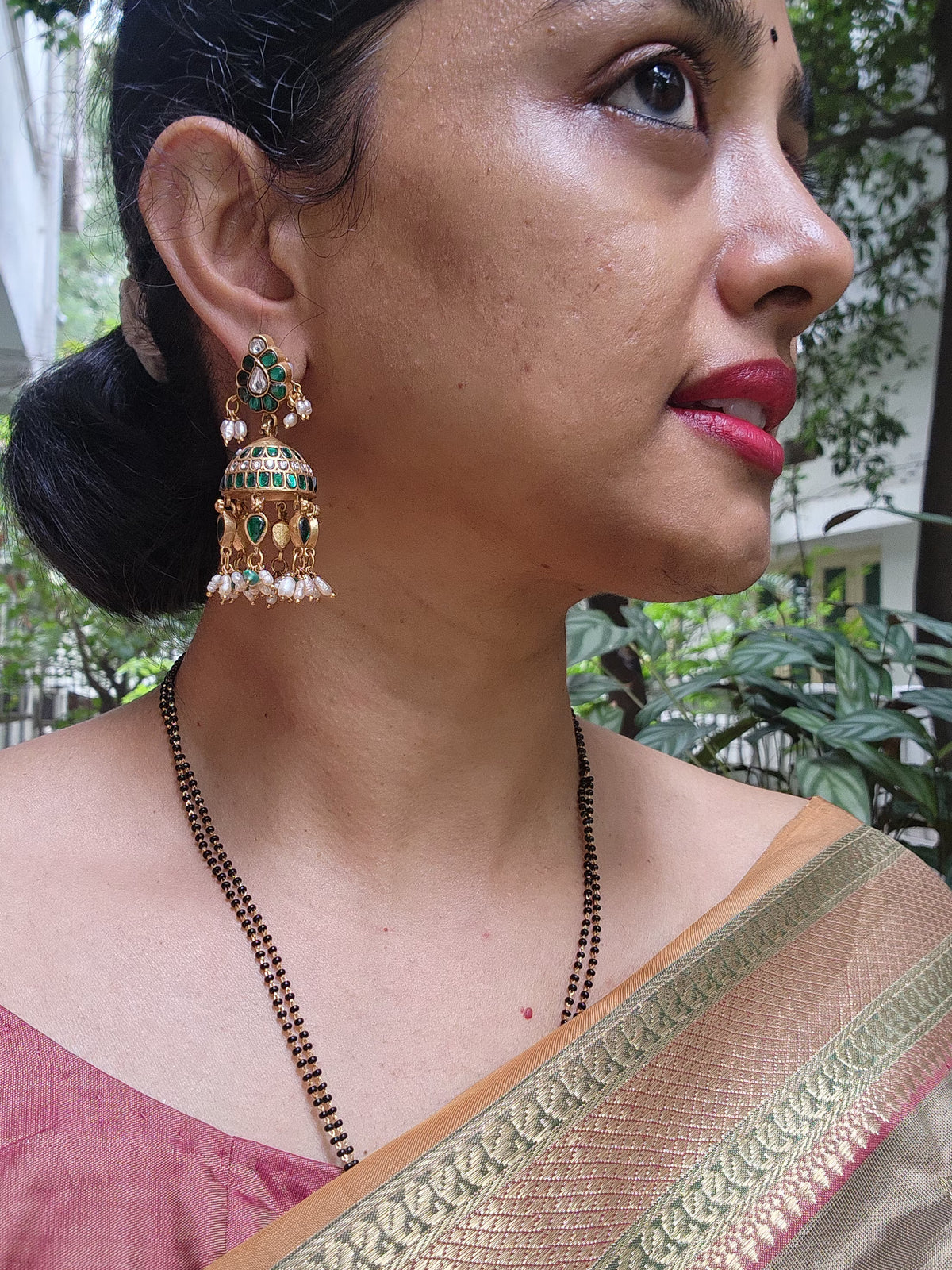 Kundan & emerald jhumkas with pearls and green onyx beads-Earrings-CI-House of Taamara