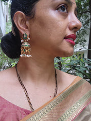 Kundan & emerald jhumkas with pearls and green onyx beads-Earrings-CI-House of Taamara