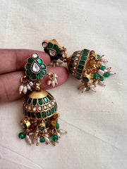 Kundan & emerald jhumkas with pearls and green onyx beads-Earrings-CI-House of Taamara