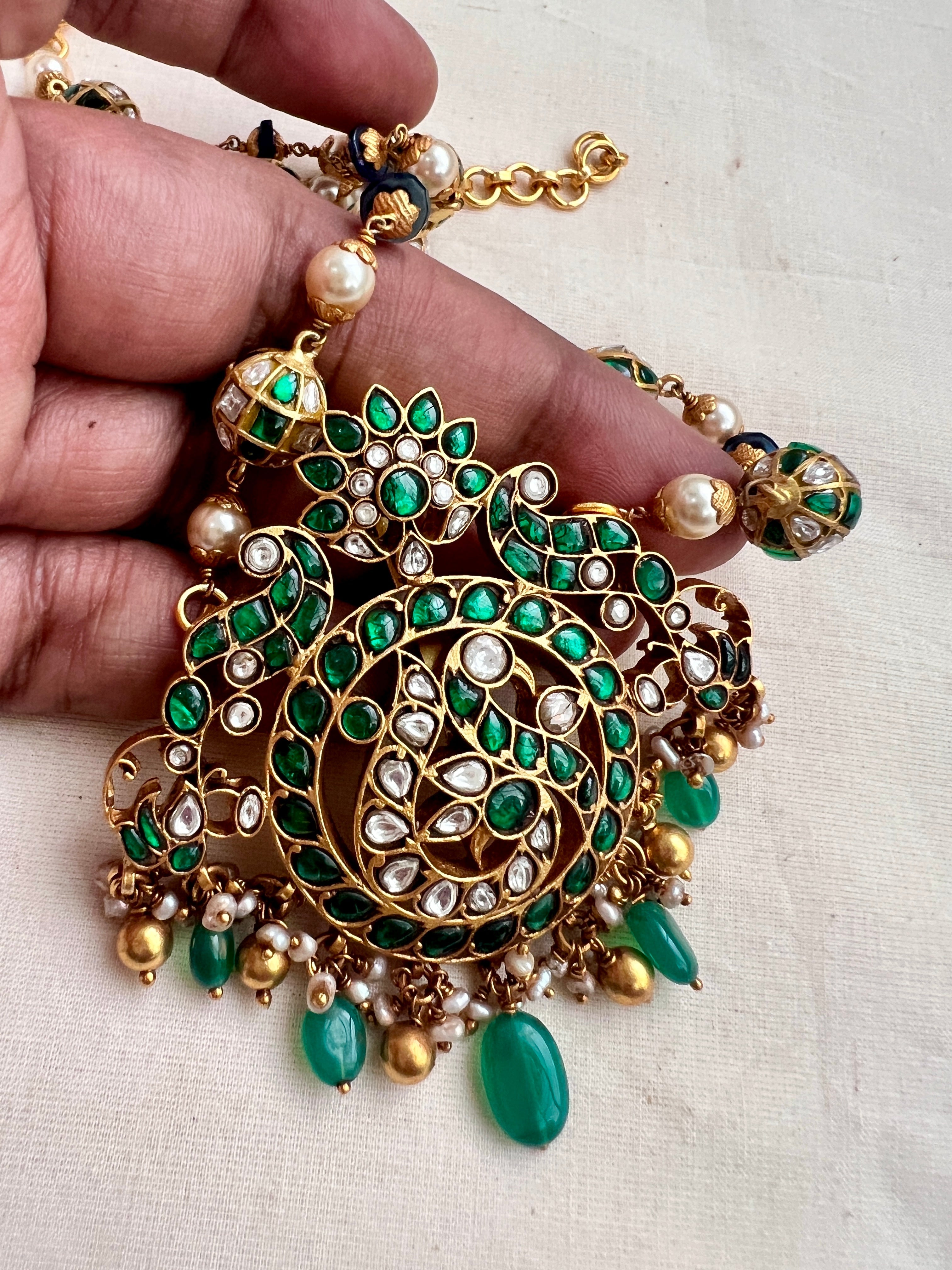 Kundan & emerald pendant with pearls and green onyx beads chain-Silver Neckpiece-CI-House of Taamara