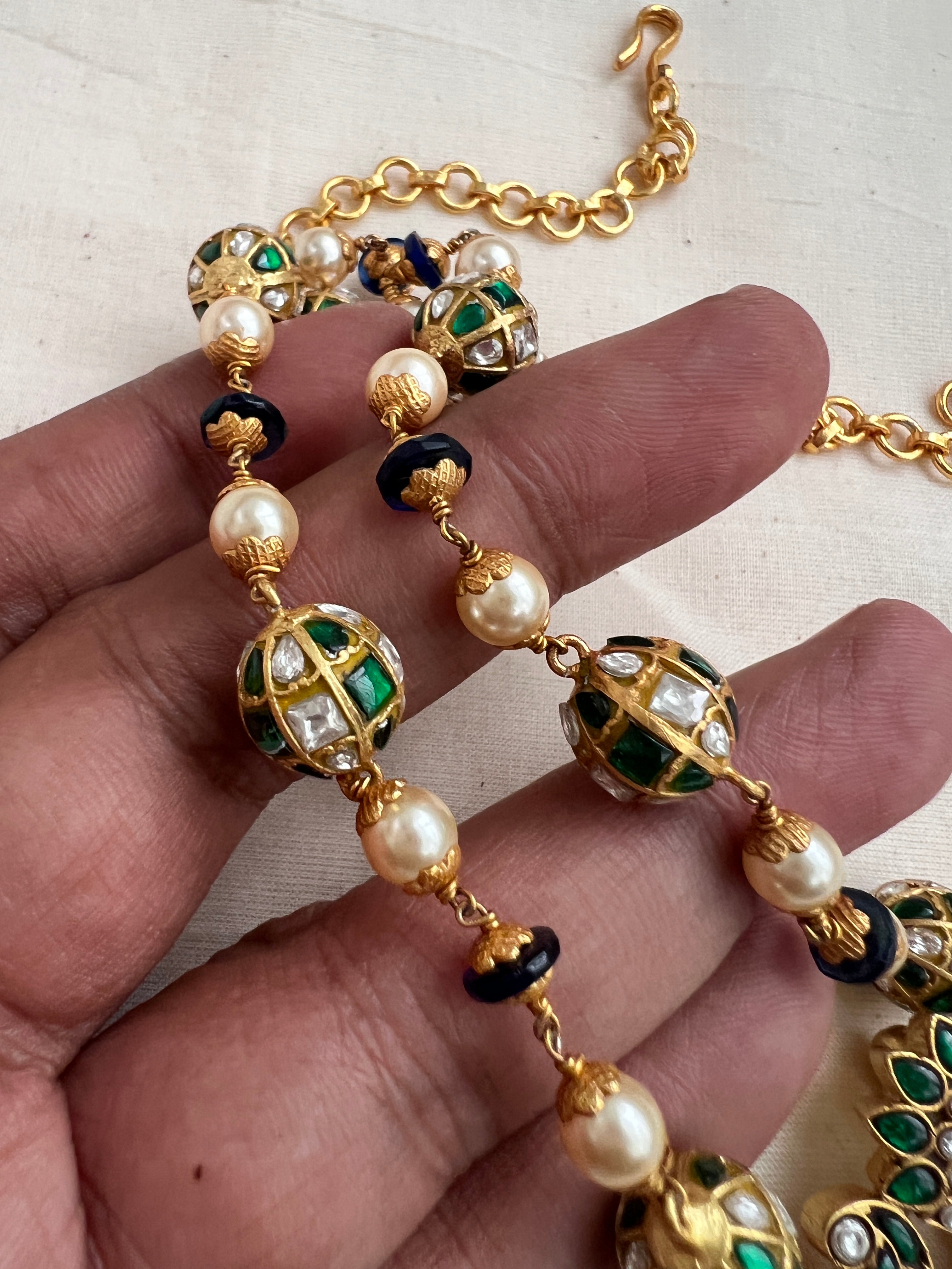 Kundan & emerald pendant with pearls and green onyx beads chain-Silver Neckpiece-CI-House of Taamara