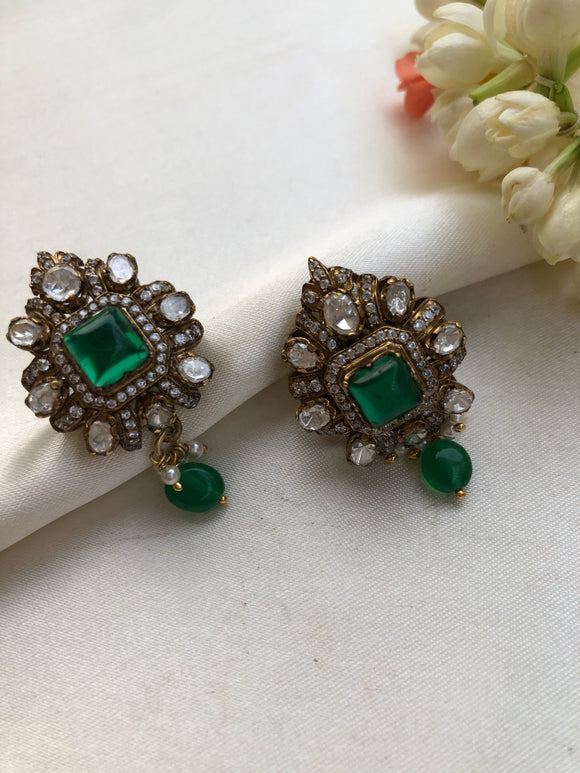 Kundan & emerald square studds with green drops-Earrings-PL-House of Taamara