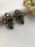 Kundan & emerald square studds with green drops (MADE TO ORDER)-Earrings-PL-House of Taamara