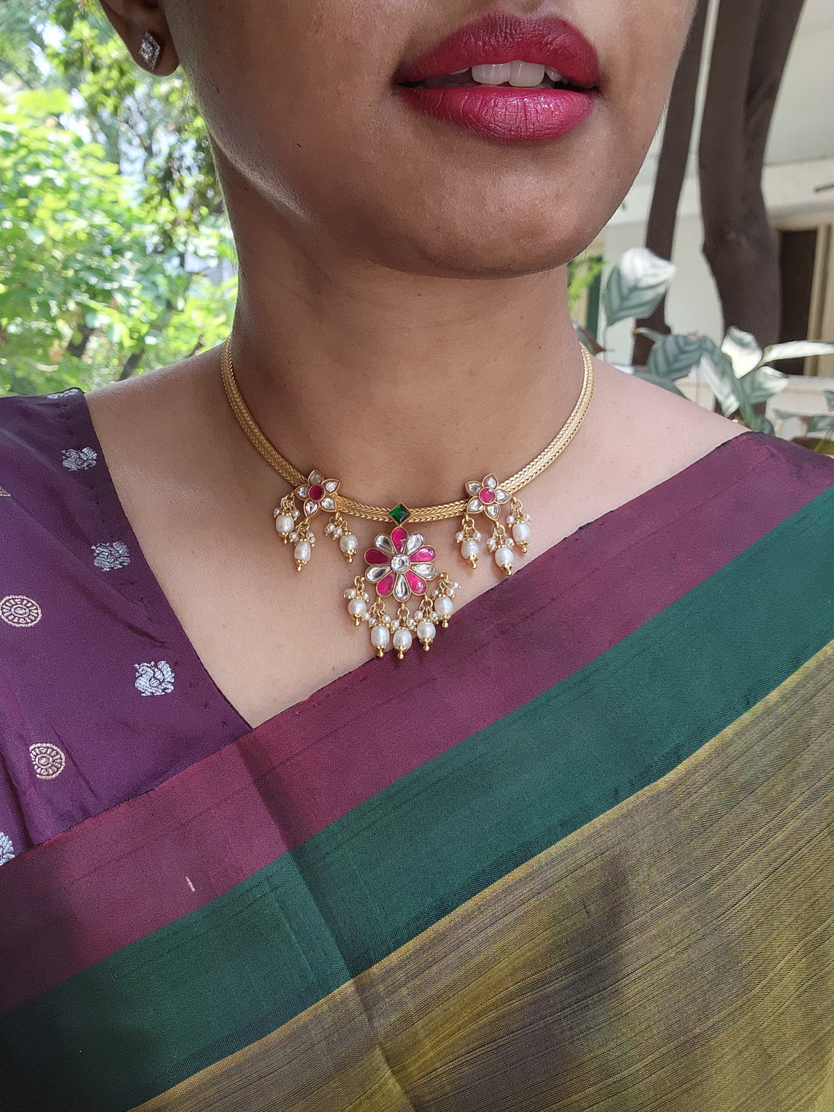 Kundan flower and gold polish necklace-Silver Neckpiece-PL-House of Taamara