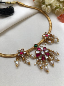 Kundan flower and gold polish necklace-Silver Neckpiece-PL-House of Taamara