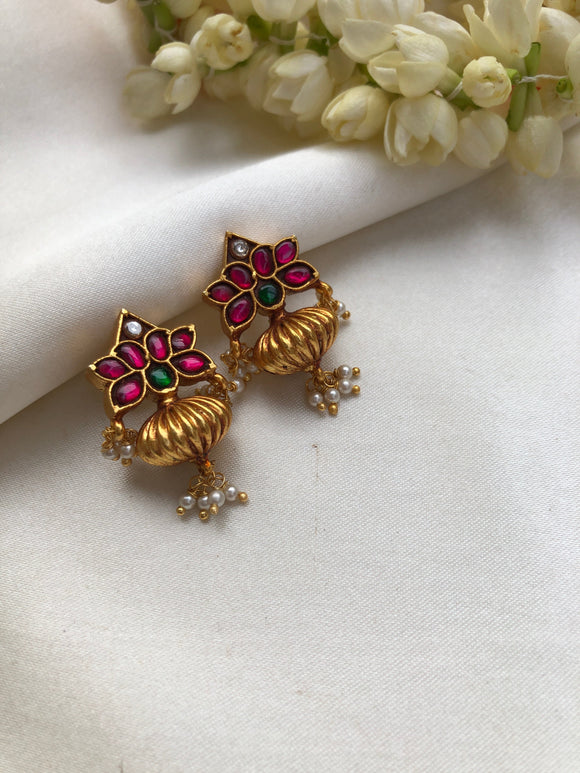 Kundan flower and ruby with antique style bead-Earrings-PL-House of Taamara