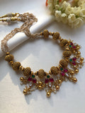 Kundan flower & antique style beads with pearls necklace-Silver Neckpiece-PL-House of Taamara