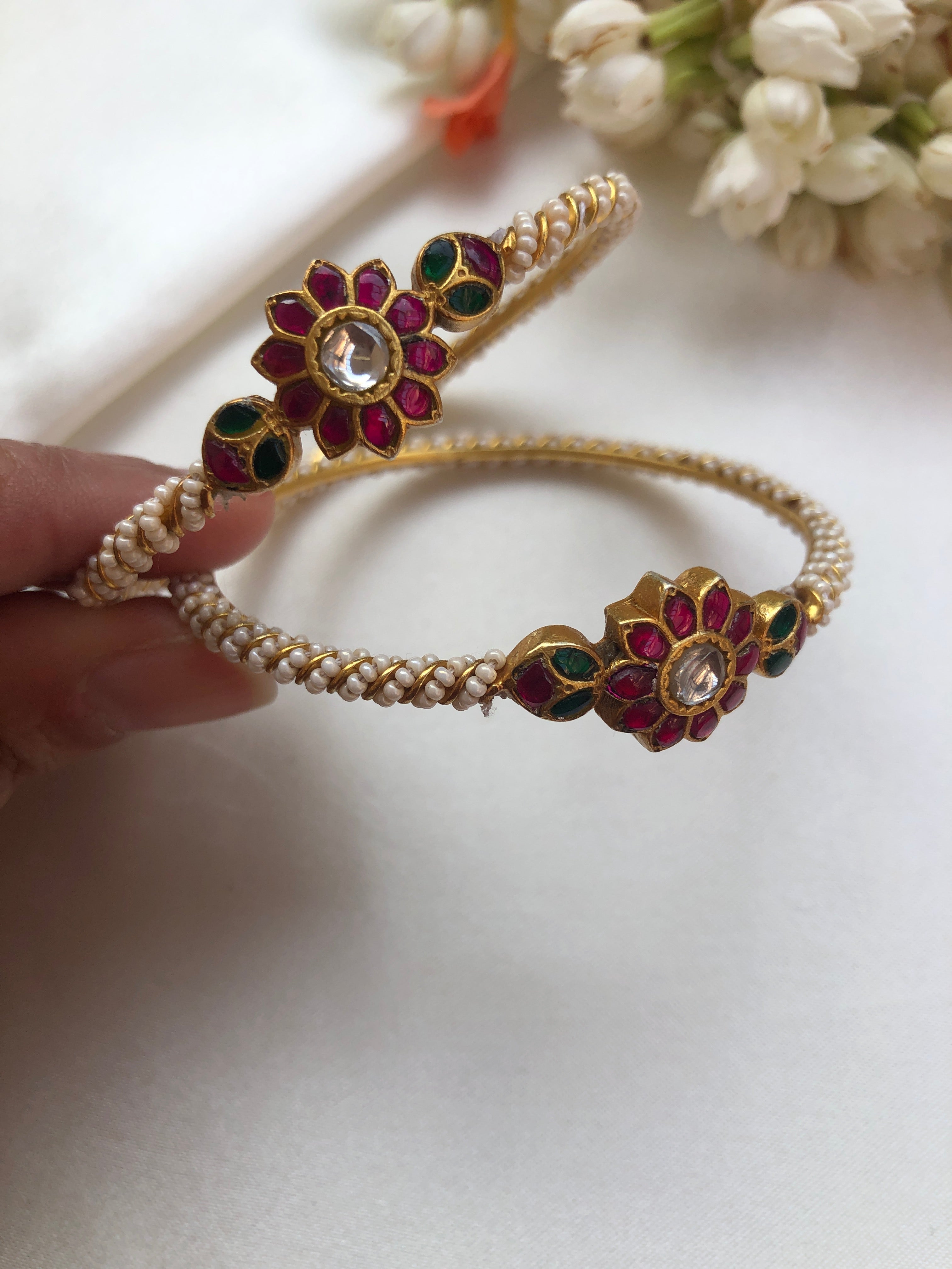 Kundan flower bangles with moti stringing PAIR, 2.3-Silver Bracelet-PL-House of Taamara