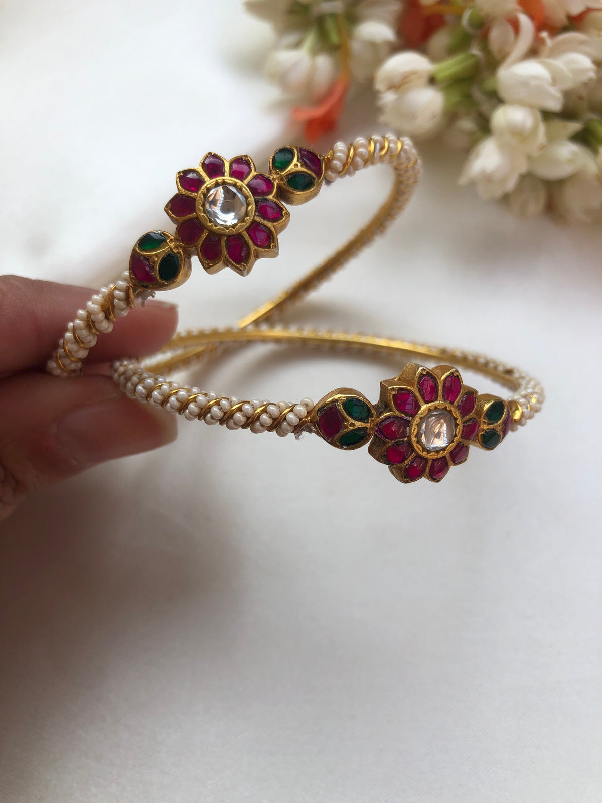 Kundan flower bangles with moti stringing PAIR, 2.3-Silver Bracelet-PL-House of Taamara