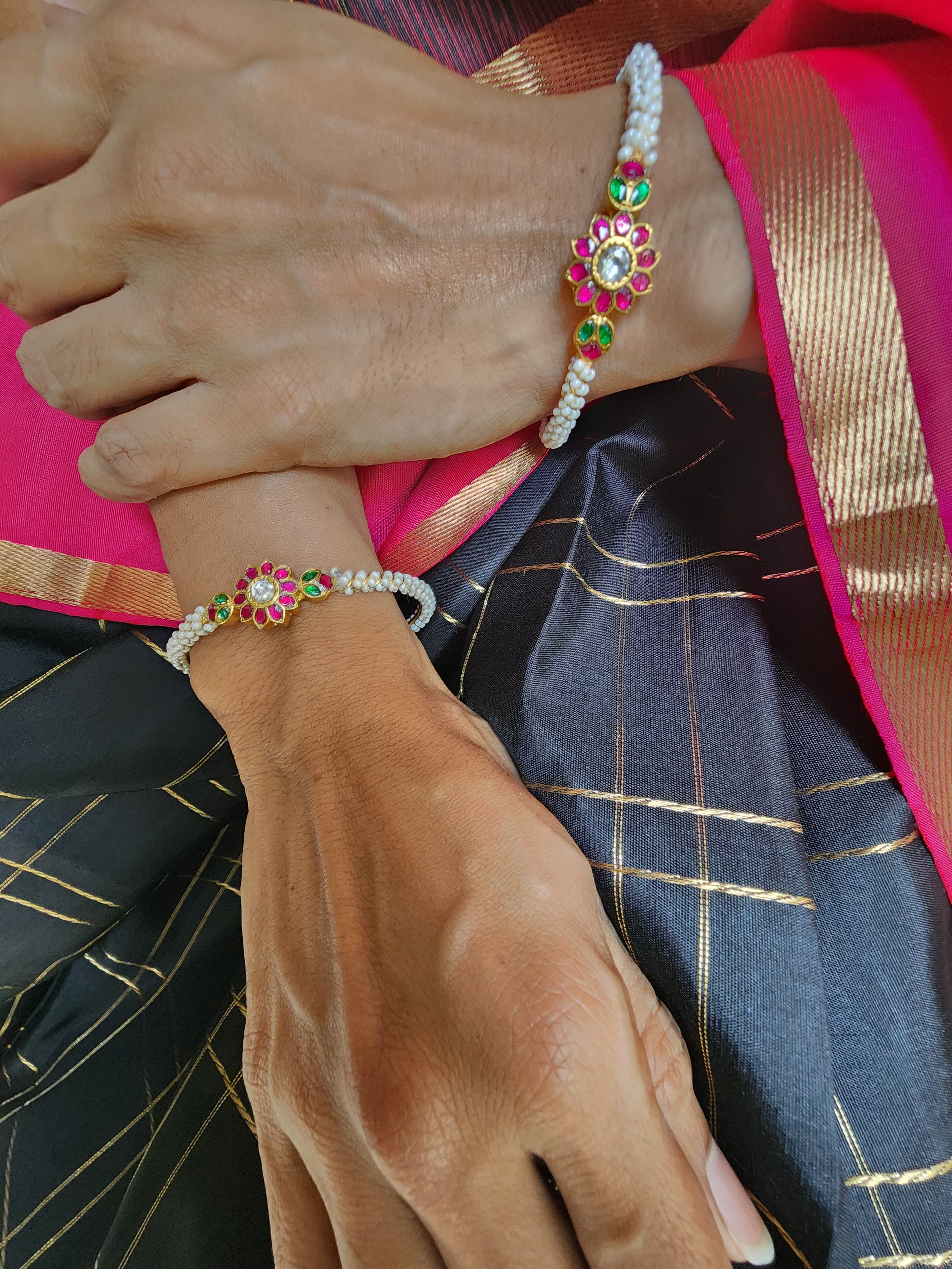 Kundan flower bangles with moti stringing PAIR, 2.4-Silver Bracelet-PL-House of Taamara