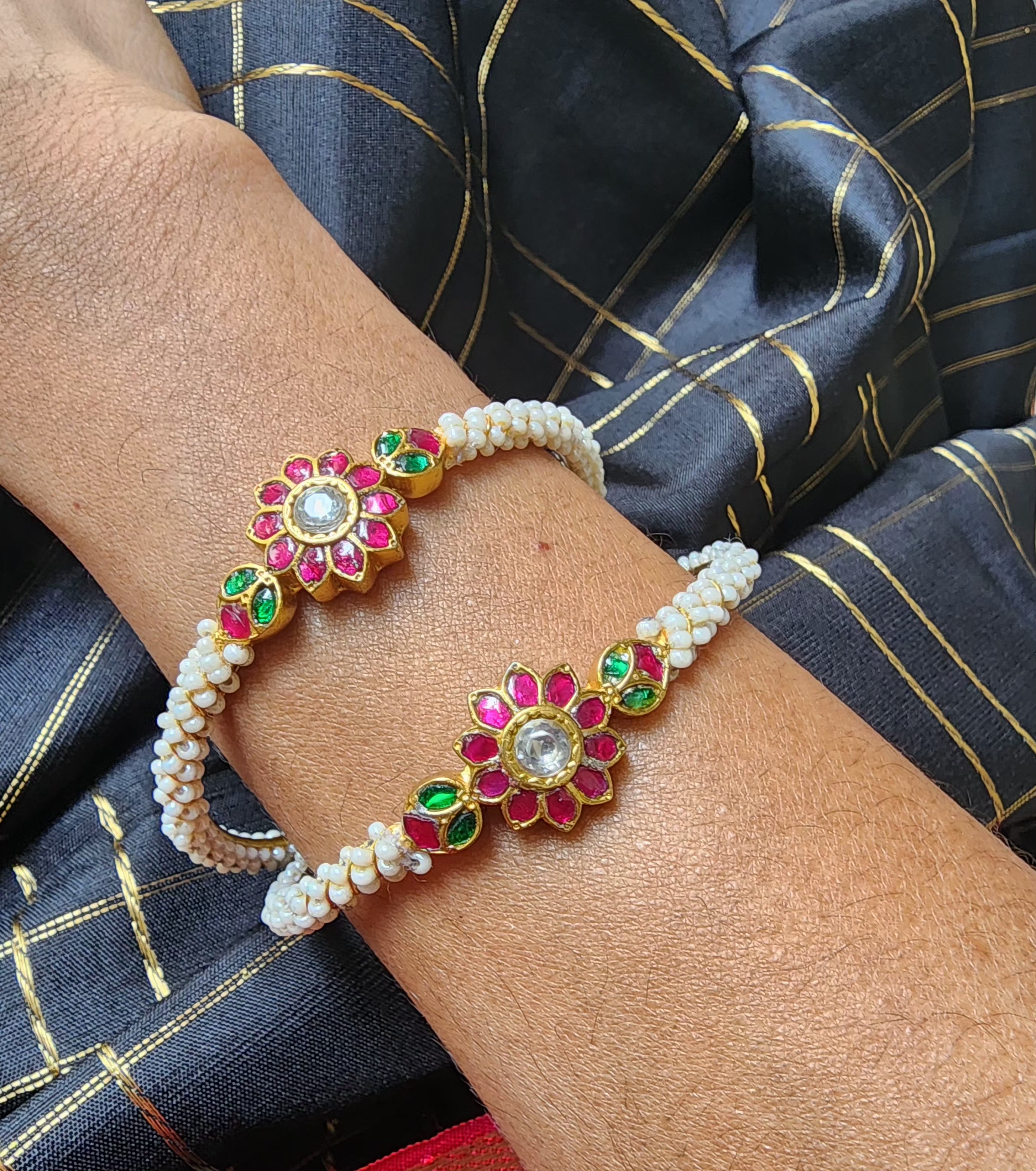 Kundan flower bangles with moti stringing PAIR, 2.4-Silver Bracelet-PL-House of Taamara