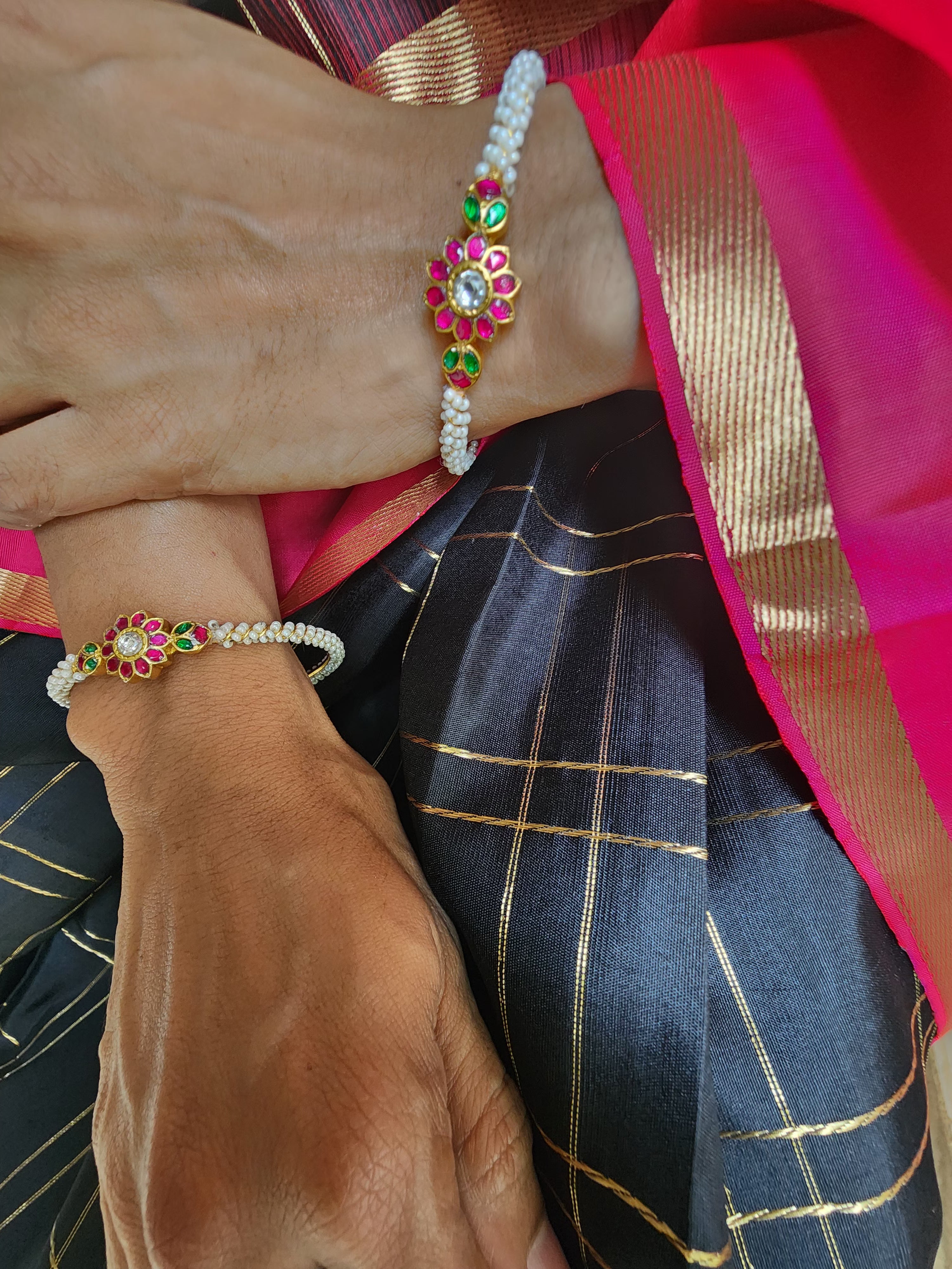 Kundan flower bangles with moti stringing PAIR, 2.4-Silver Bracelet-PL-House of Taamara