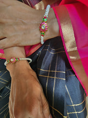Kundan flower bangles with moti stringing PAIR, 2.4-Silver Bracelet-PL-House of Taamara