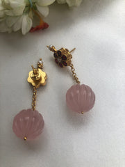 Kundan flower earring with Rose quartz bead-Earrings-PL-House of Taamara