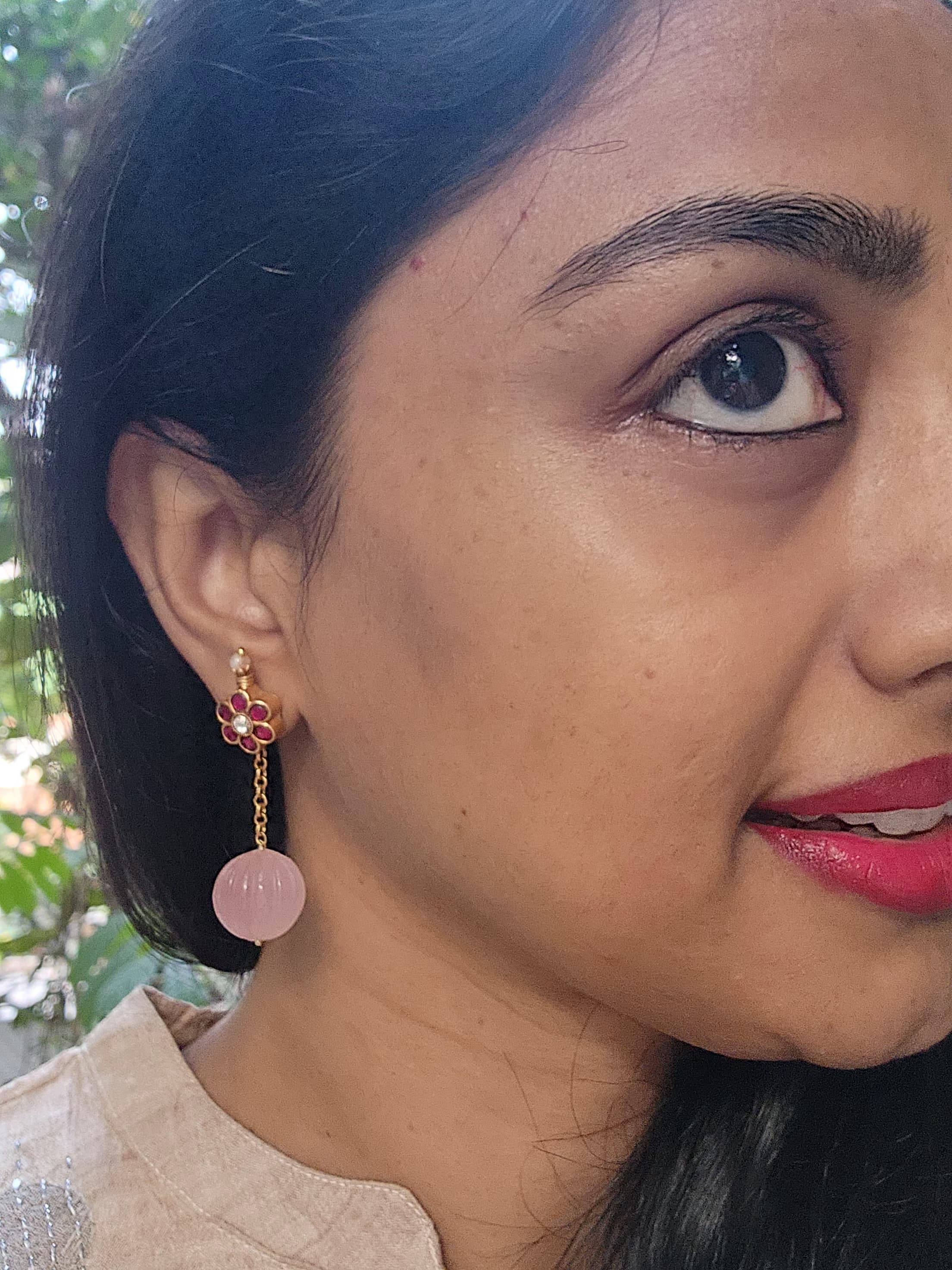 Kundan flower earring with Rose quartz bead-Earrings-PL-House of Taamara