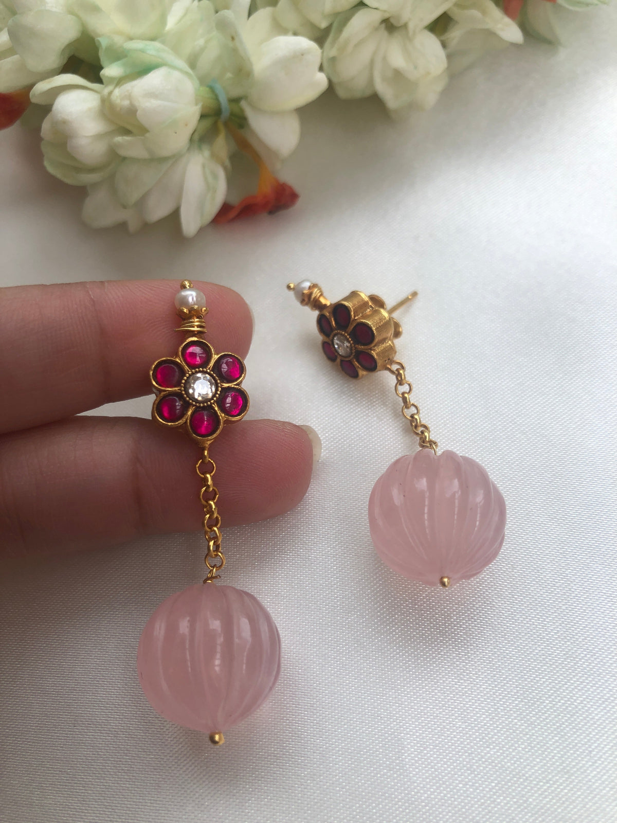 Kundan flower earring with Rose quartz bead-Earrings-PL-House of Taamara