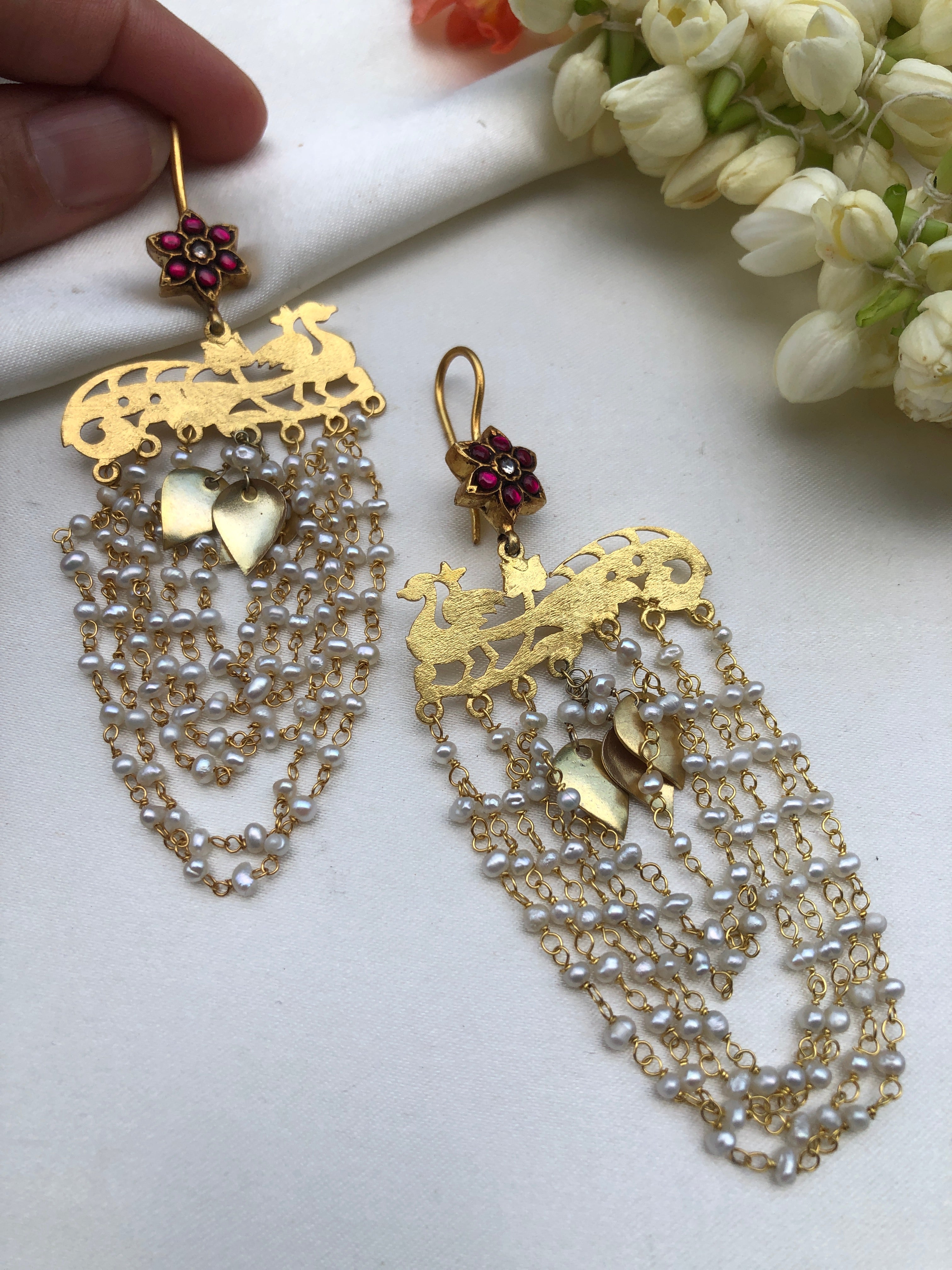 Kundan flower earrings with pearls long earrings-Earrings-PL-House of Taamara