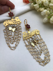 Kundan flower earrings with pearls long earrings-Earrings-PL-House of Taamara