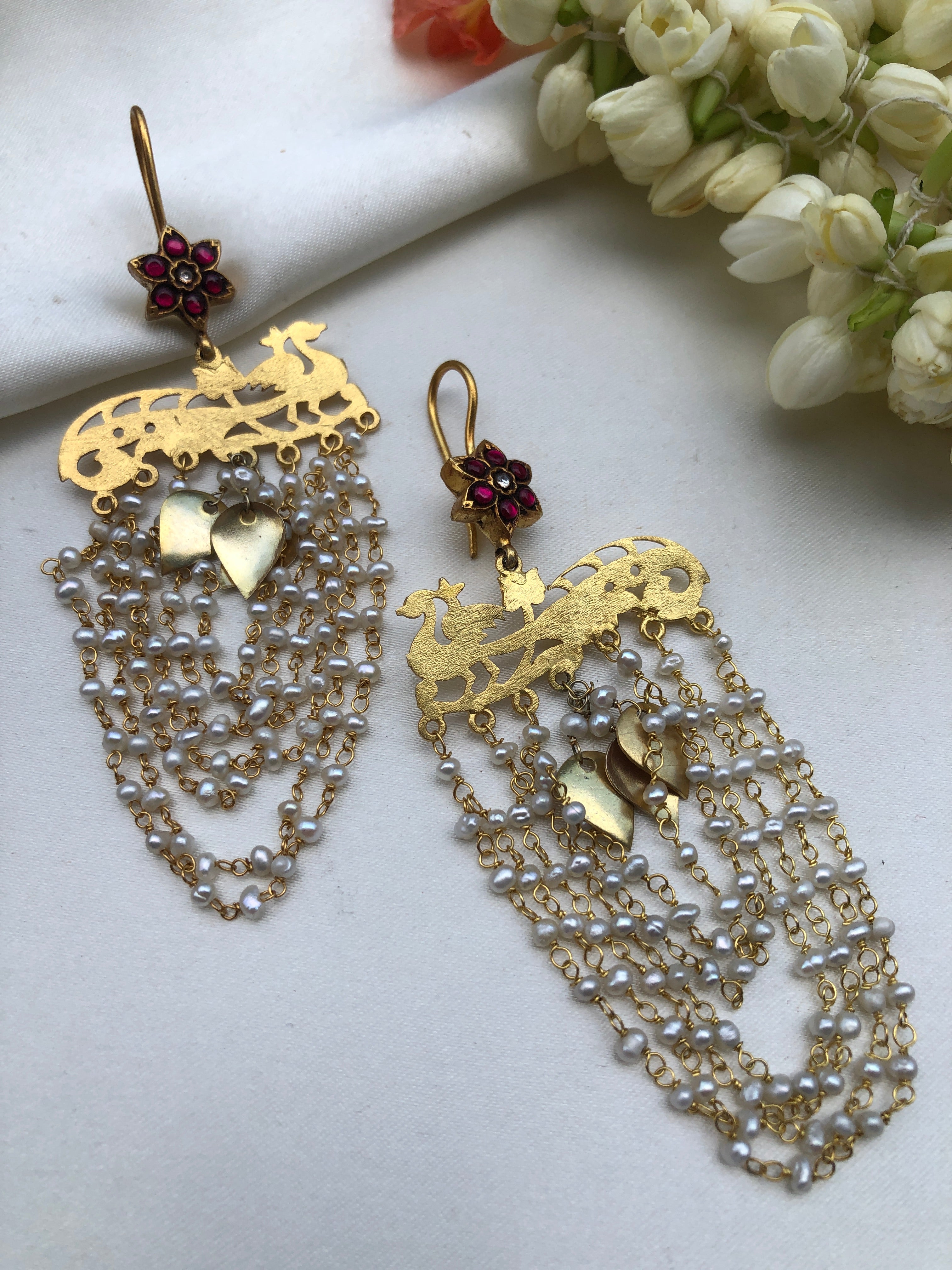 Kundan flower earrings with pearls long earrings-Earrings-PL-House of Taamara