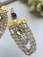 Kundan flower earrings with pearls long earrings-Earrings-PL-House of Taamara
