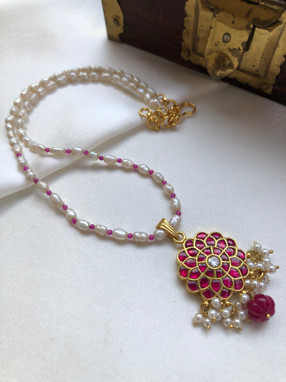 Kundan flower pendant with oval pearls & pink onyx beads-Silver Neckpiece-PL-House of Taamara