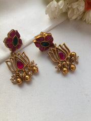 Kundan flower with lotus gundu beads & pearls bunch earrings-Earrings-PL-House of Taamara