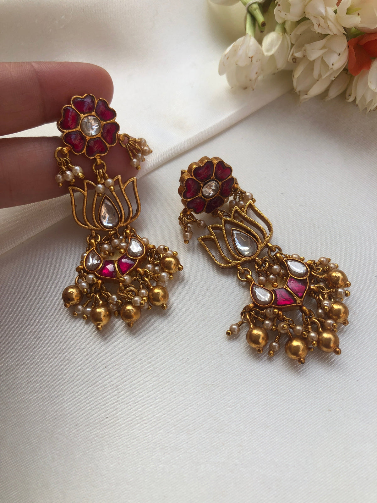 Kundan flower with lotus gundu beads & pearls bunch earrings-Earrings-PL-House of Taamara