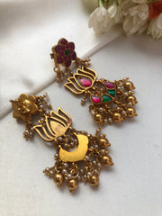 Kundan flower with lotus & ruby with gundu beads & pearls-Earrings-PL-House of Taamara