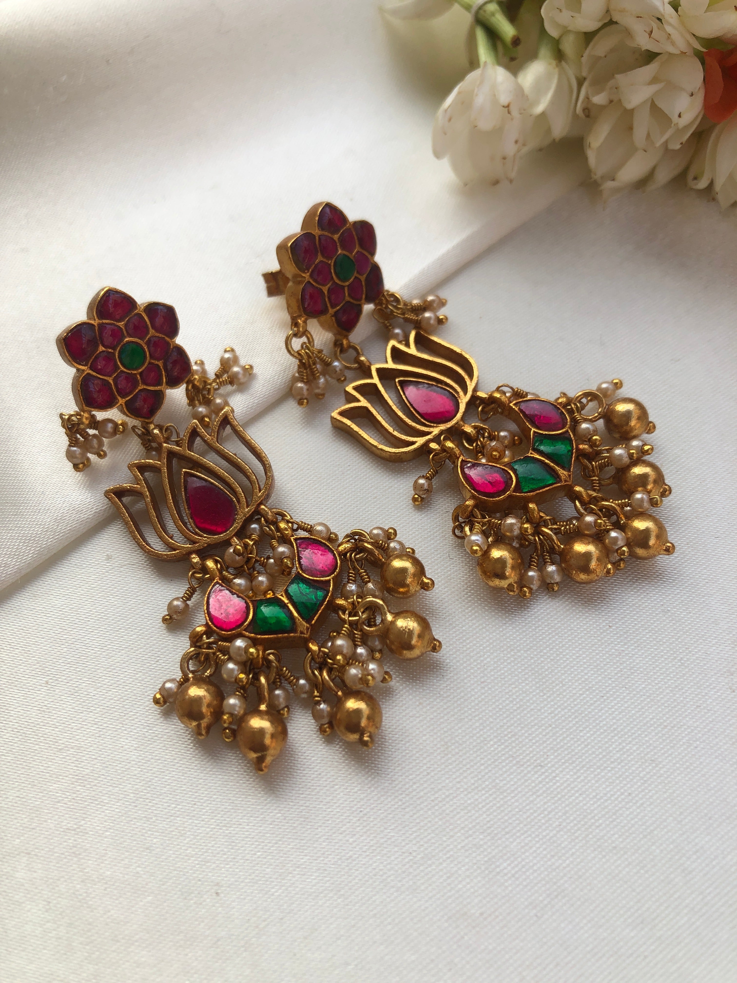 Kundan flower with lotus & ruby with gundu beads & pearls-Earrings-PL-House of Taamara